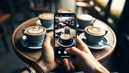 A cascade of sunlight floods the cafe, where a person uses their smartphone to photograph a wooden tray with three elegant lattes, the background a soft blur of cafe patrons.の素材