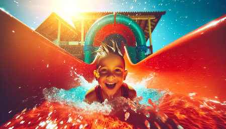 This close-up image beautifully captures a little boys elated expression as he slides down a light red water slide into a pool. The lively splashes surrounding him enhance the vibrant atmosphere of a sunny day, making it a memorable summer scene.の素材