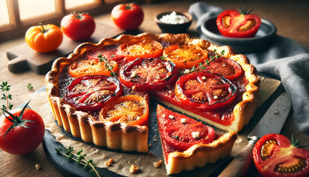 These images showcase a beautifully sliced tomato tart, featuring a golden, flaky puff pastry crust topped with vibrant roasted heirloom tomatoes. The tart is sliced into neat portions, revealing the buttery layers of pastry and juicy, slightly charred tomatoes. Crumbled feta and fresh thyme sprigs add texture and color to this rustic dish.の素材