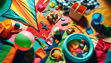 The scene captures a vibrant display of summer essentials for children, including a colorful kite and beach ball, spread out on a picnic blanket with sandcastle molds and an inflatable pool filled with toys, illustrating a playful outdoor setting.の素材