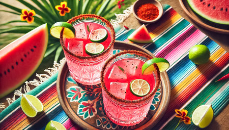 A wide-angle shot captures two traditional etched glass tumblers filled with pink watermelon margaritas, garnished with chili powder rims and lime wedges. The glasses sit on a colorful, striped tablecloth, with a lush, green garden and blooming flowers in the background, creating a warm, inviting summer setting.の素材