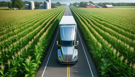 Towering above the cornrows, an electric truck travels a narrow road, symbolizing the harmonious blend of agriculture and modern, eco-conscious transportation.の素材