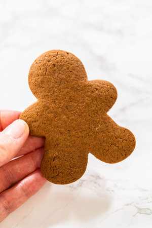 Close-up view of a hand holding a Spiced Gingerbread Cookie, highlighting its festive holiday design...