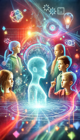 A close-up conceptual view of children aged 8-9 as they interact with a glowing holographic AI. Their expressions reflect creativity and focus, surrounded by vibrant colors, geometric shapes, and soft, luminous lines that symbolize the merging of imagination and technology in an intimate, futuristic environment.の素材