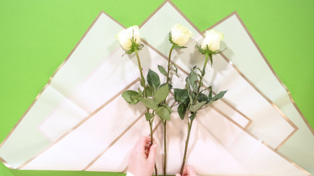 A person holds three white roses above floral wrapping paper. The bouquet is being arranged over a vibrant green background.の写真素材