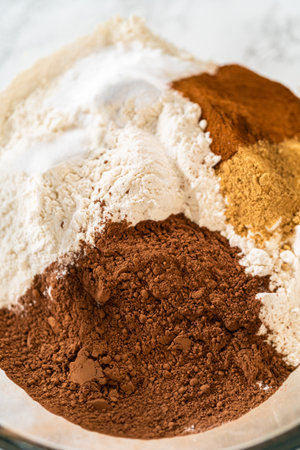 Close-up of a mixing bowl with cocoa powder, flour, ginger, and cinnamon for the Chocolate Ginger Sugar Cookie Dough, showing the spices and dry ingredients ready for mixing.の写真素材