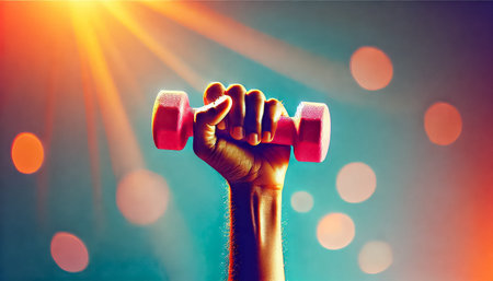 A close-up side view of a slender womans hand gripping a pink dumbbell, with warm light flares contrasting against cool blue tones. The minimalist gym background is softly blurred, emphasizing the energy and determination in the workout.の素材