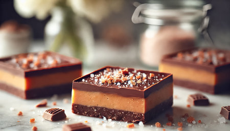 A mouthwatering collection of chocolate peanut butter bars stacked on a white marble surface. The bars showcase a thick peanut butter layer topped with smooth chocolate and garnished with flaky sea salt. The elegant background of glass jars and delicate white flowers adds a touch of sophistication to the scene.の素材