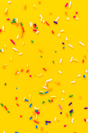 Candy sprinkles loosely scattered along the right side of a yellow vertical frame, with soft drop...