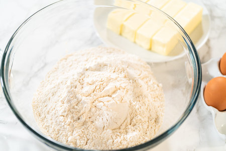 A large glass bowl filled with flour next to sticks of butter and whole eggs, capturing the early...