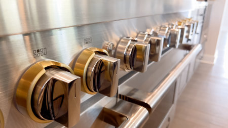 A stainless steel oven is shown in close-up with a row of control knobs featuring gold metallic accents. The modern kitchen appliance is captured under bright natural light in a luxury home setting.の写真素材