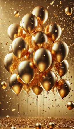 Golden balloons shimmer under soft lighting in a grand ballroom, surrounded by glistening confetti. The elegant setting and warm atmosphere evoke a sense of grandeur and celebration.の素材