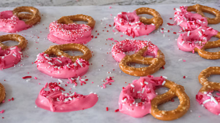 Freshly dipped and still glistening, these crunchy pretzels are lovingly adorned with pink chocolate and a scattering of colorful sprinkles, promising a feast for the senses.の写真素材