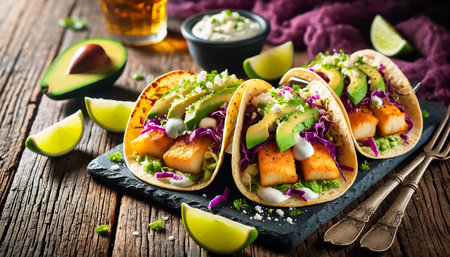 The images feature a close-up view of fish tacos filled with grilled fish, creamy avocado slices, and vibrant purple cabbage, topped with white crema and crumbled cheese. Lime wedges and a dark purple cloth add contrasting colors to the presentation, highlighting the freshness and flavor of the dish.の素材