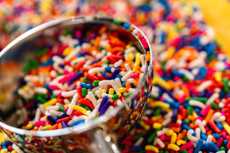 Horizontal image featuring a scoop of rainbow sprinkles with shallow depth of field and vibrant...