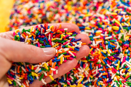 A close-up shot of a hand gently holding a handful of colorful rainbow sprinkles over a blurred...