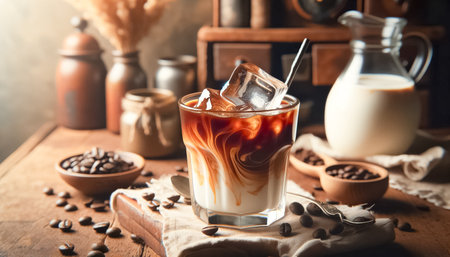 A modern tall glass of iced coffee with large ice cubes and a swirl of cream, set on a rustic wooden table. The warm, natural lighting highlights the rich coffee layers, with a cozy atmosphere enhanced by a milk jar and scattered coffee beans.の素材