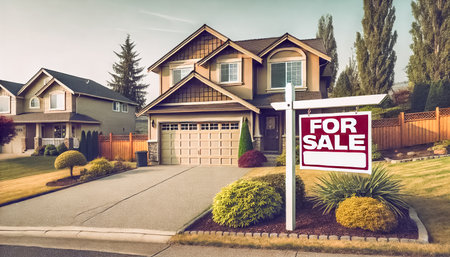 A newly constructed modern suburban house with a well-manicured lawn and a For Sale sign prominently displayed in the front yardの素材