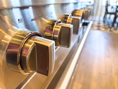 A close look at a modern gas range burner with a circular grate and brushed steel surface. The setup...