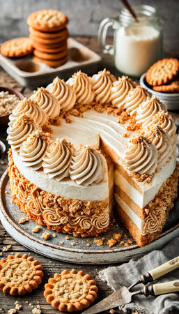 A beautifully layered oatmeal creme pie cake with soft, moist cake layers and fluffy white cream. The cake is presented on a teal plate, surrounded by cookies, creating a warm and inviting dessert scene.の素材