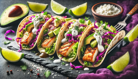 The images feature a close-up view of fish tacos filled with grilled fish, creamy avocado slices, and vibrant purple cabbage, topped with white crema and crumbled cheese. Lime wedges and a dark purple cloth add contrasting colors to the presentation, highlighting the freshness and flavor of the dish.の素材