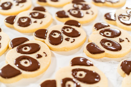 Overhead view of a batch of panda cookies with completed chocolate icing designs for the Chocolate...