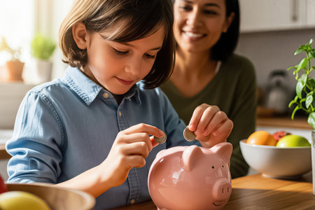 A child drops coins into a pink piggy bank while sitting at a table with their mother nearby smiling. Fresh fruit is placed on the table, creating a cozy home environment. The mood is nurturing, financial, and family-oriented.の素材