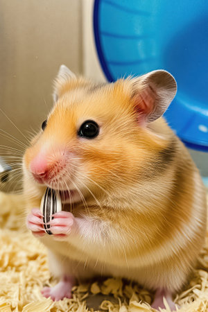 A close-up of a golden hamster eating a seed indoors. The hamster sits on wood shavings with a blue exercise wheel in the background. The scene highlights the pets natural behavior in a cozy environment.の素材