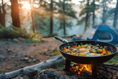 Gourmet Camping Breakfast, skillet of eggs, veggies, and sausage, campsite morning, hearty and rustic, tent and pine trees out of focus, overhead shot of skillet on camp stove, early morning soft light, 24mm lens --ar 3:2 --v 6 Job ID: 10bb1d70-922e-4df4-b602-d9152d338cc8の素材