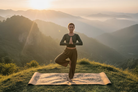 A woman practices yoga in tree pose on a mat placed on a mountain cliff. The scene is lit by golden sunrise over distant mountains.の素材