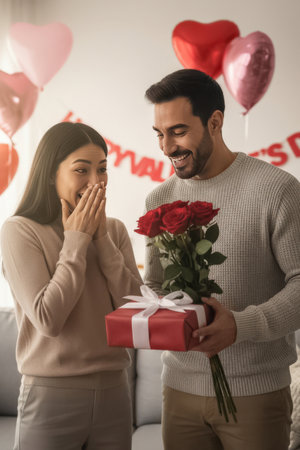 A smiling man surprises a woman with roses and a wrapped gift. Valentineâs balloons and festive decor fill the background. The bright and warm setting emphasizes romance, joy, and seasonal celebration.の素材