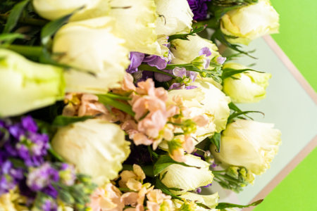 A close-up view of a pastel bouquet featuring creamy white roses and soft peach, yellow, and purple stock flowers. Arranged against a fresh green background, this floral composition is ideal for spring-themed designs, greeting cards, or wedding content.の写真素材