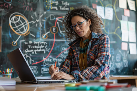 Teacher Using Copilot Chat, teacher using Microsoft Copilot Chat to plan lesson, classroom, efficient and creative, chalkboard with diagrams, side shot capturing teacher at laptop, natural classroom light, 35mm lens --ar 3:2 --v 6 Job ID: 5f021503-a277-4fb4-bff6-09427fa560d4の素材