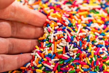 A vibrant display of rainbow sprinkles captured in close-up macro shots and wide compositions. The sprinkles are scattered or placed in jars over a bold yellow background, creating a playful and festive atmosphere.の写真素材