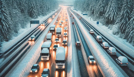 Cars drive cautiously on a snow-covered highway without snow piles on their roofs. Headlights reflect off the icy road, framed by snow-covered trees and a cloudy sky, as light snow continues to fall during duskの素材