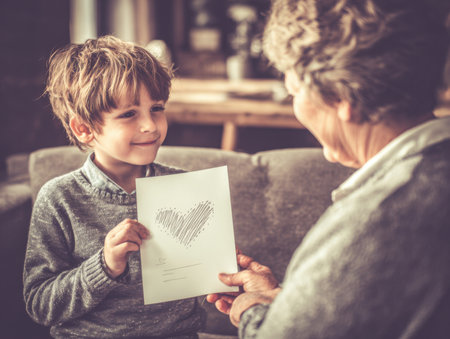 A young boy smiles as he gives a handmade card to his grandparent indoors. The warm lighting emphasizes family connection and affection.の素材