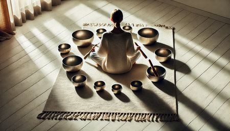 Overhead and side views of a peaceful meditation scene, showing a person seated cross-legged while gently playing metallic singing bowls. Natural light floods the minimalist room, illuminating the reflective bowls and casting soft shadows. The arrangement of the bowls, white rug, and tranquil atmosphere enhances the sense of mindfulness and serenity.の素材