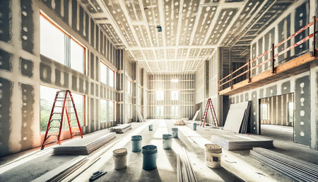 The image showcases a partially constructed room, featuring unpainted drywall with tape and joint compound applied. A ladder, construction buckets, and drywall sheets scattered across the floor suggest ongoing work, while sunlight filters through the windows, casting shadows across the room.の素材