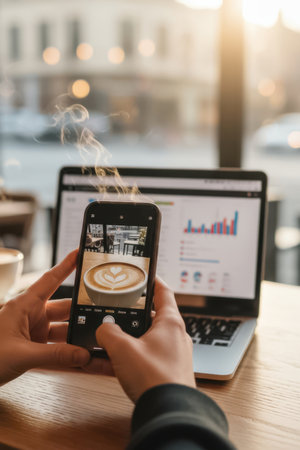 Close-up of hands taking a photo of coffee and laptop on a cafe table. The scene is warm and bright, representing social media lifestyle and creative digital habits.の素材