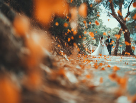 A newlywed couple walks down a path with autumn leaves swirling around them. The golden tones and soft focus highlight romance and seasonal atmosphere.の素材