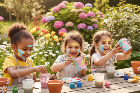 Three children sit at a wooden table outdoors painting flower pots with bright colors. They are smiling and enjoying the creative activity surrounded by green plants and blooming flowers. The natural sunlight highlights the joyful and playful mood.の素材