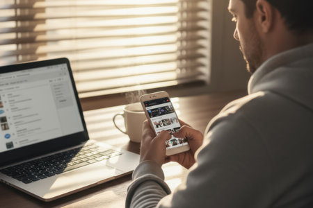 A man sits by a window watching videos on his smartphone while a laptop rests on the desk. The sunlight filters through blinds, creating a warm, relaxed mood. The photo reflects everyday digital browsing and calm home office atmosphere.の素材