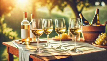 White wine flows into four glasses, capturing the golden glow of sunlight in a relaxed outdoor scene. Bottles and grapes on the table enhance the warm, elegant atmosphere of wine tasting.の素材