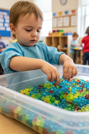 A child interacts with colorful water beads in a transparent container. The activity takes place indoors in a classroom environment with other children. The focus is on creativity, sensory exploration, and play.の素材