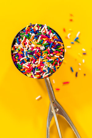 A flat lay photo of a scoop of sprinkles placed diagonally on a solid yellow background with scattered pieces. Perfect for colorful recipe pages or birthday party marketing visuals.の写真素材