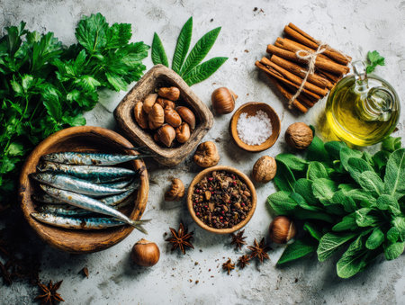 A rustic flat lay arrangement displays sardines in a wooden bowl surrounded by herbs, nuts, spices, and olive oil. Fresh parsley and cinnamon sticks are included in the setup. The natural light highlights textures and freshness.の素材