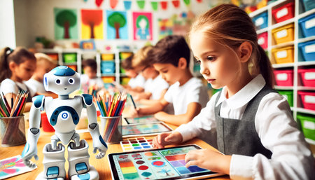 A close-up shot of 8-9-year-old children deeply focused on creating digital art on tablets, assisted by a friendly robot. The childrenâs faces show a blend of concentration and creativity, with a colorful classroom background filled with art supplies, posters, and student artwork.の素材