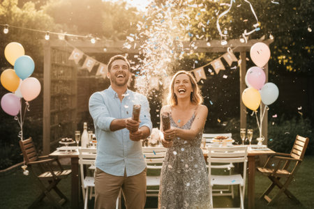 A couple celebrates outdoors by popping a confetti cannon during a gender reveal party. Balloons and festive decorations surround the setting, lit warmly by golden sunlight.の素材