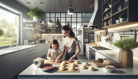 An extreme close-up captures the hands of a mother and her young daughter as they meticulously prepare empanadas, highlighting the beauty and detail of their culinary collaboration in a modern kitchen setting.の素材