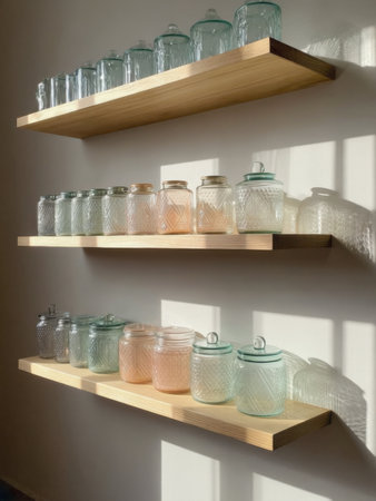 Simple wooden shelves hold pastel glass jars arranged neatly in natural light. The minimalist design emphasizes order, calm, and home organization.の素材